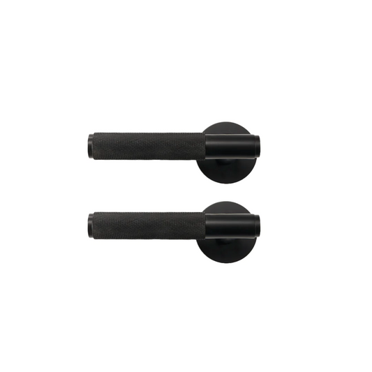 Matte Black Brass Cross Knurled Door Lever Handle With Round Shaped Rose