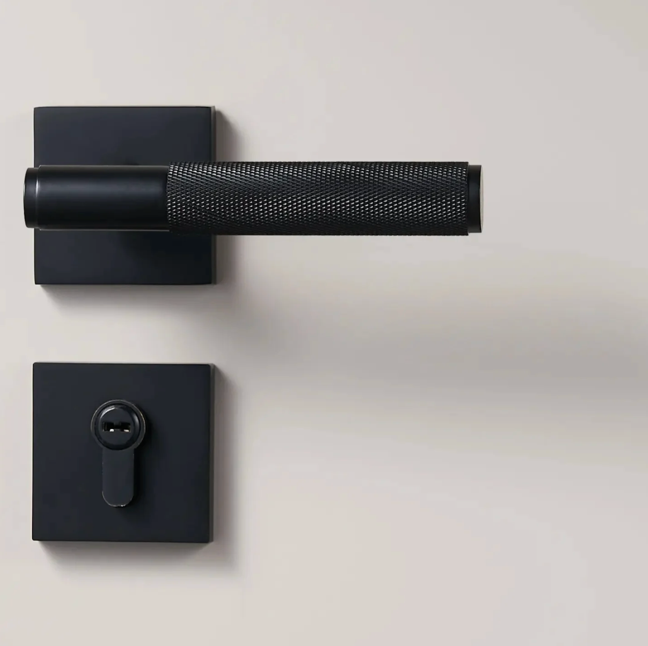 Matte Black Brass Cross Knurled Door Lever Handle With Square Shaped Rose