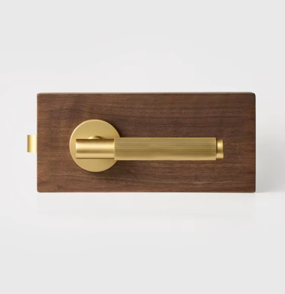Satin Brass Linear Grooved Textured Interior Door Lever Handle Set