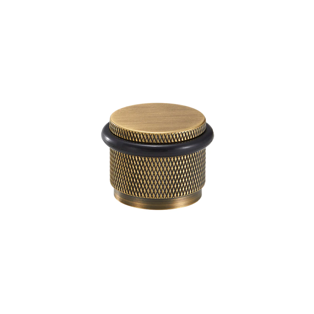 Solid Brass Knurled Door Stopper With Rubber Bumper (Aged Patina Brass)