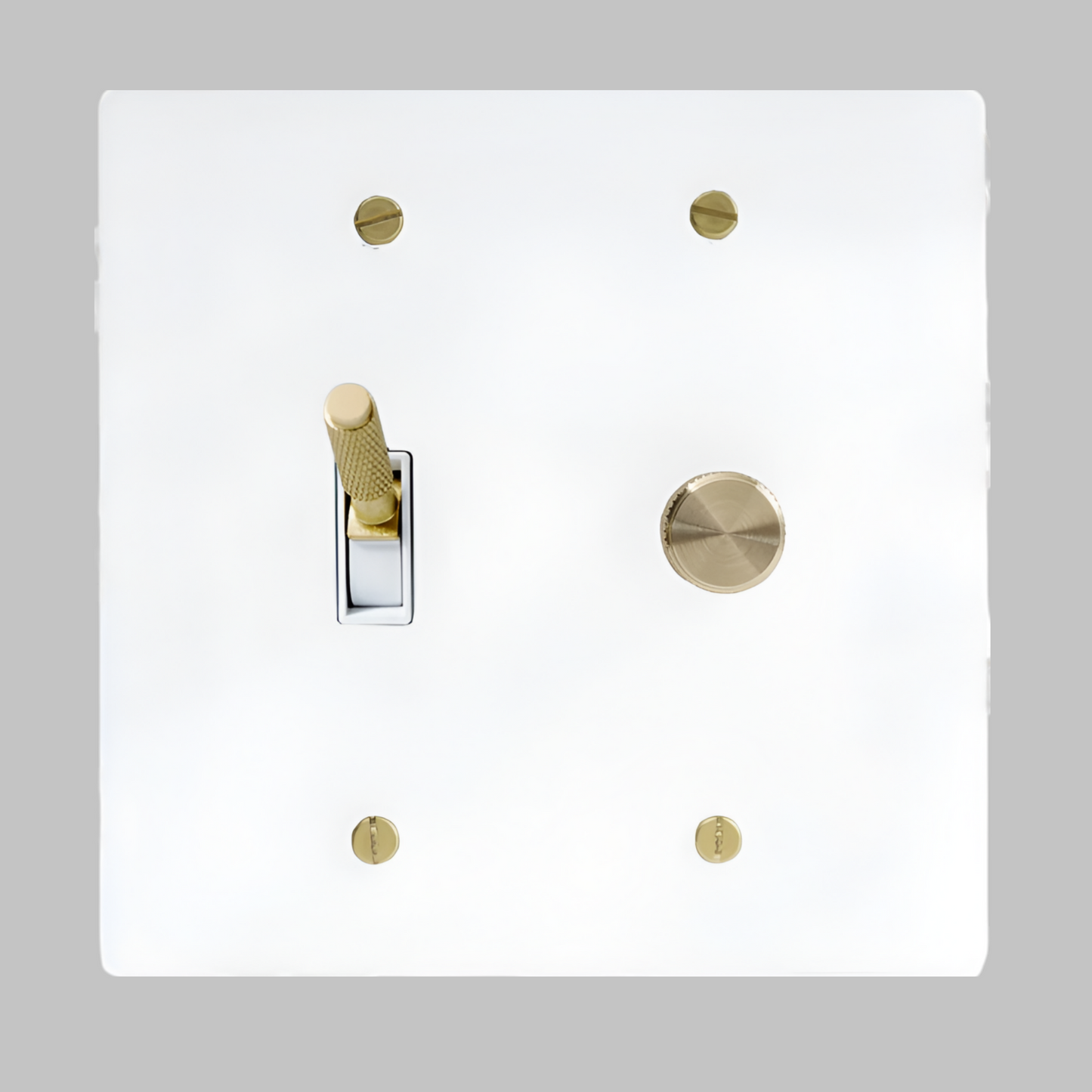 White With Brass Modern Knurled Toggle + Dimmer Light Switch Wall Plate (2-Gang)