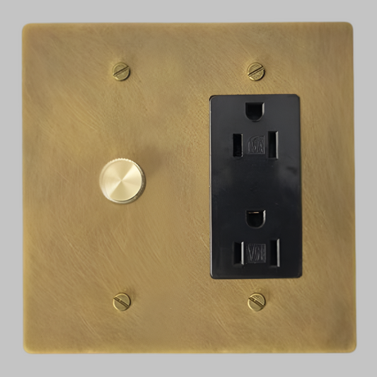 Aged Patina Brass Modern Knurled Dimmer Light Switch + Outlet (2-Gang)