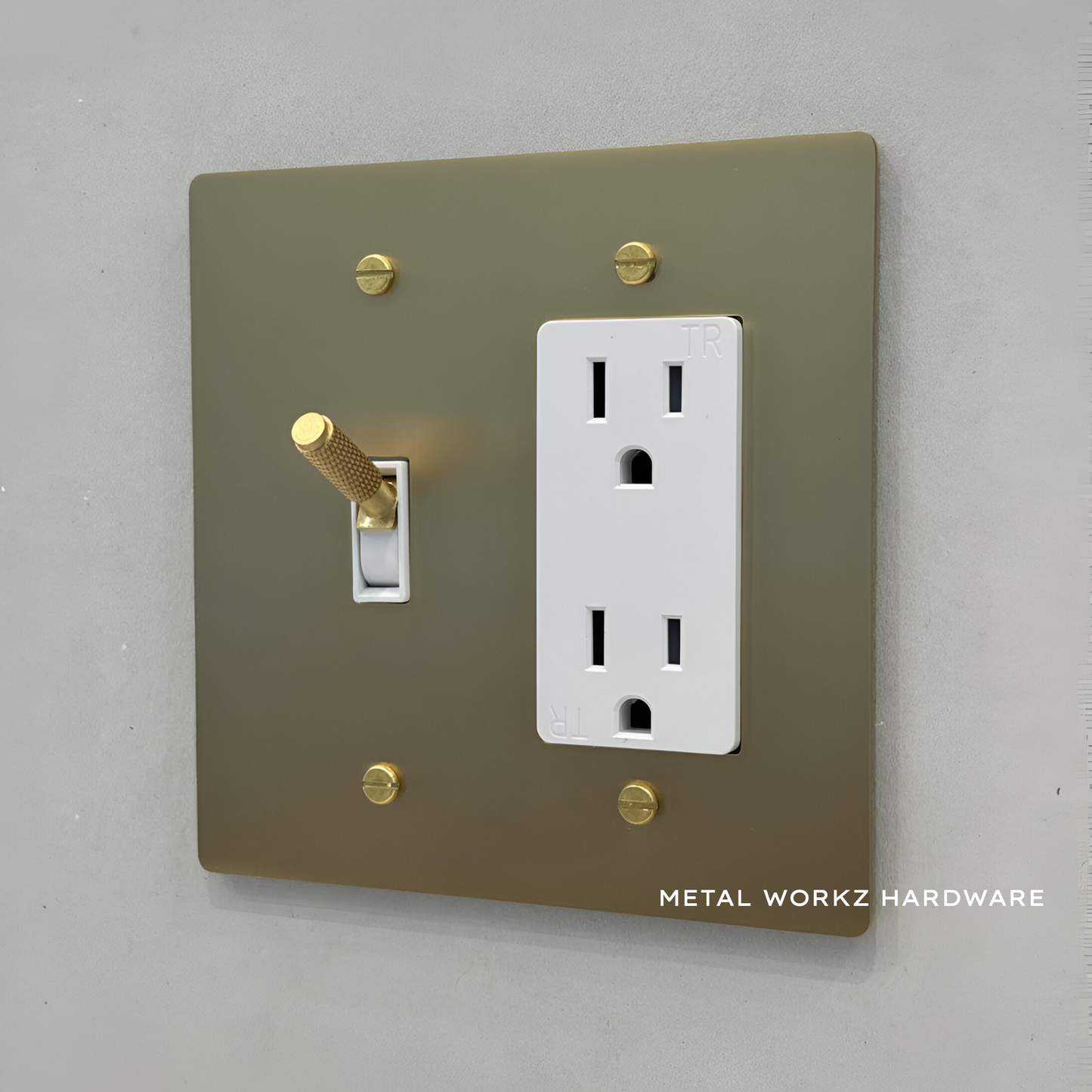 Brass Modern Toggle Light Switch + Outlet (2-Gang) Satin Brass With White Trim