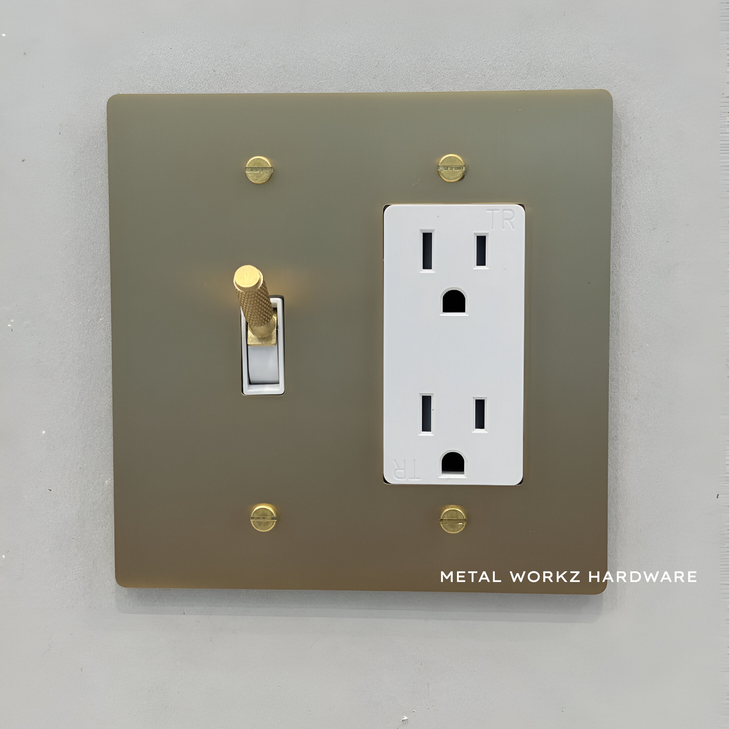 Brass Modern Toggle Light Switch + Outlet (2-Gang) Satin Brass With White Trim