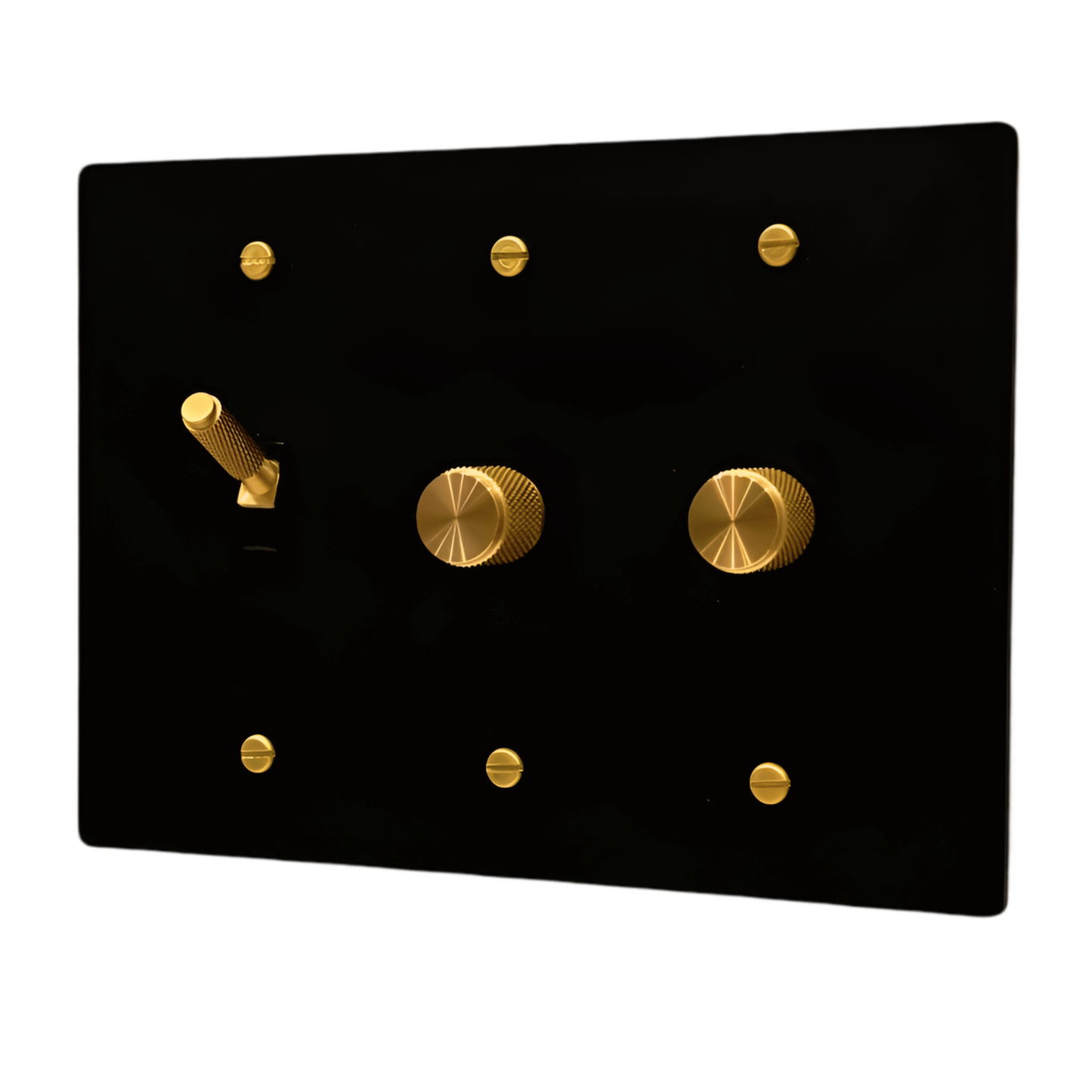 Brass Modern Rotary Dimmer Switch + Toggle Light Switch (3-Gang) Matte Black With Satin Brass