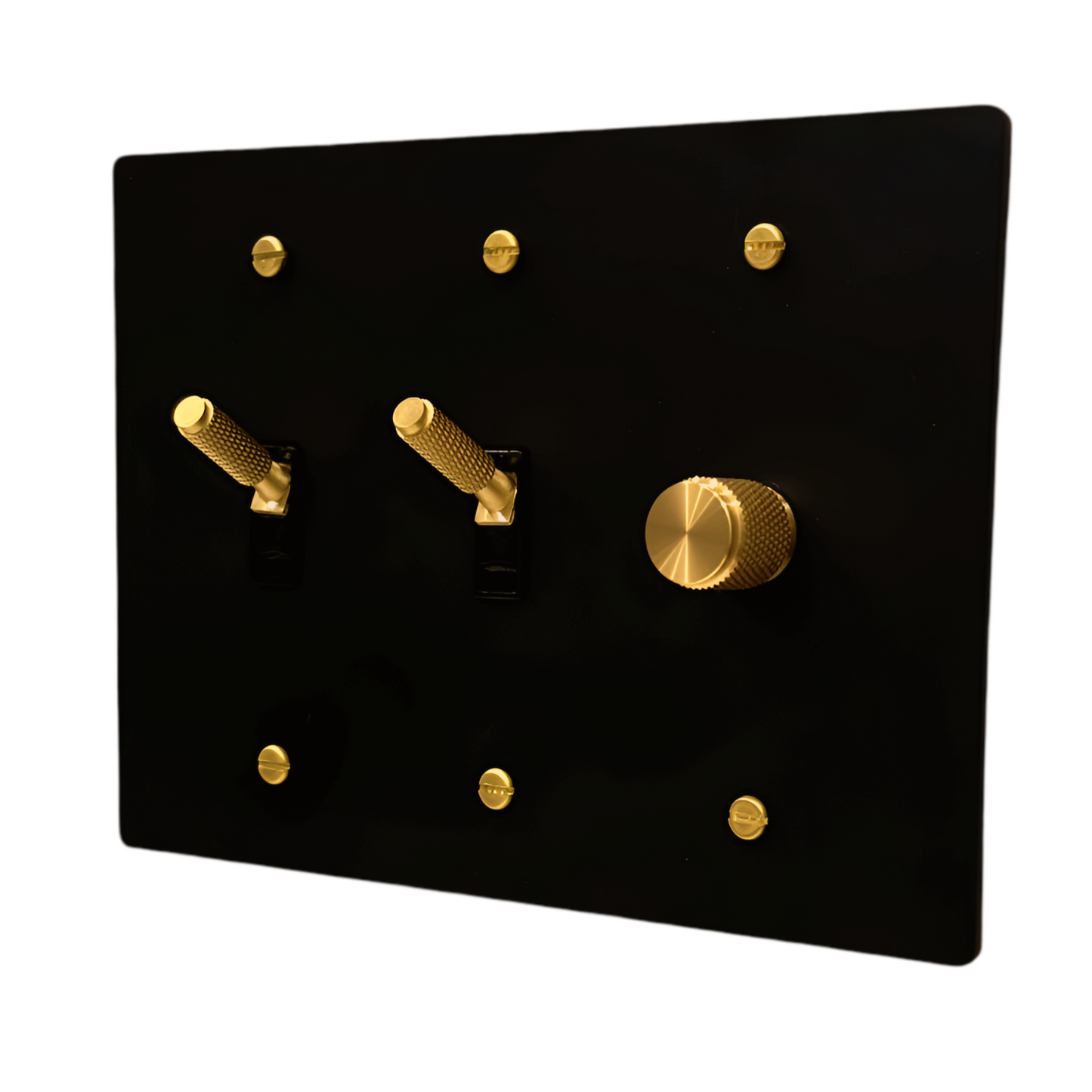 Brass Modern Toggle Light Switch + Rotary Dimmer Switch (3-Gang) Matte Black With Satin Brass