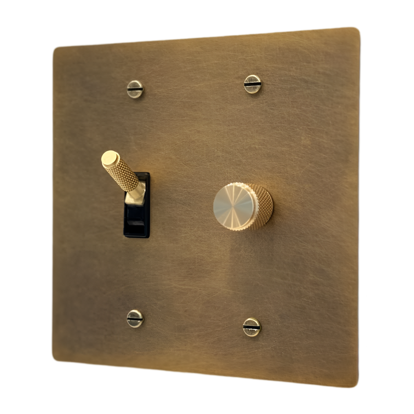 Brass Modern Toggle Light Switch + Rotary Dimmer Switch (2-Gang) Aged Patina Brass