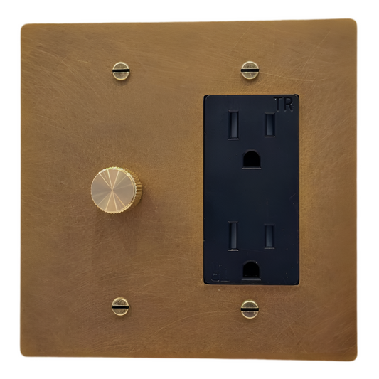 Brass Rotary Dimmer Switch + Outlet (2-Gang) Aged Patina Brass