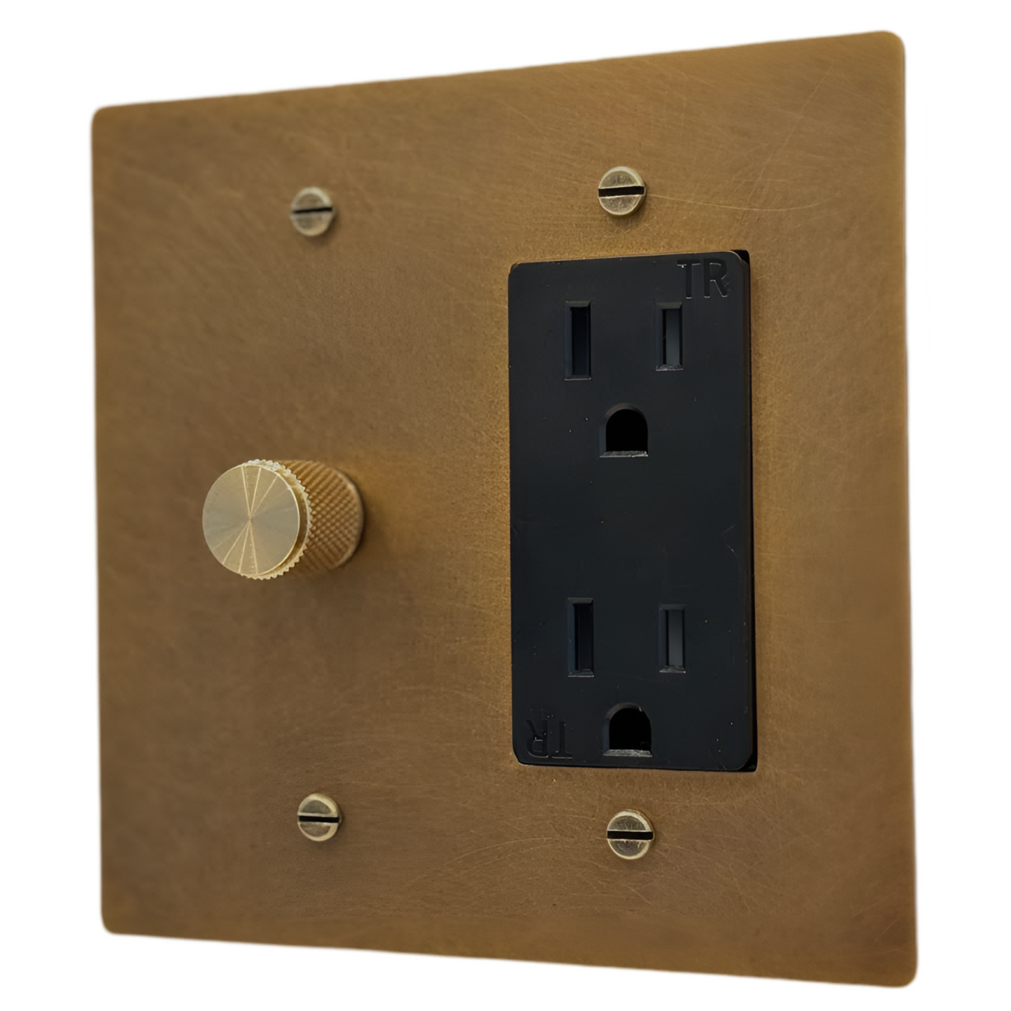 Brass Rotary Dimmer Switch + Outlet (2-Gang) Aged Patina Brass
