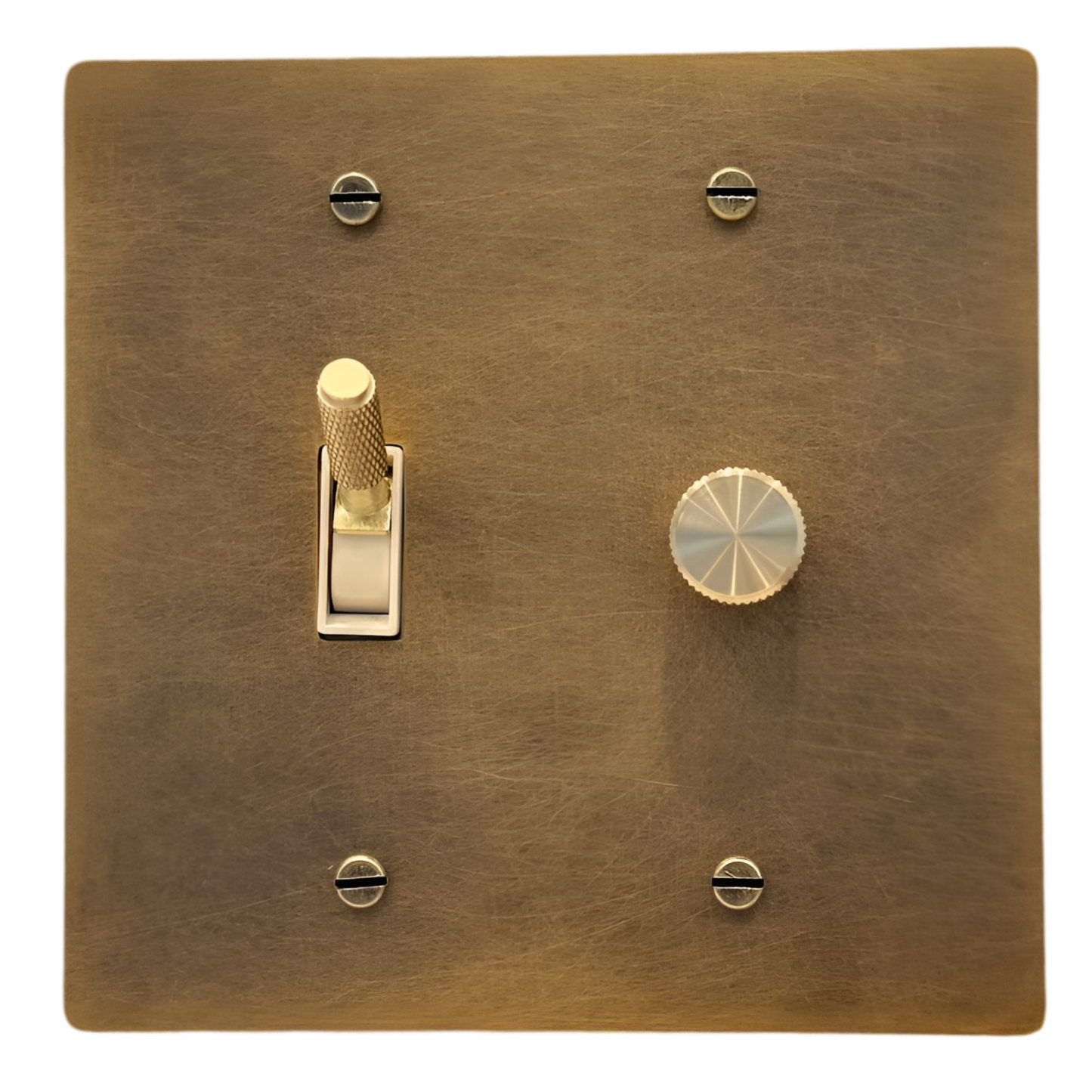 Brass Modern Toggle Light Switch + Rotary Dimmer Switch (2-Gang) Aged Patina Brass With Ivory Trim