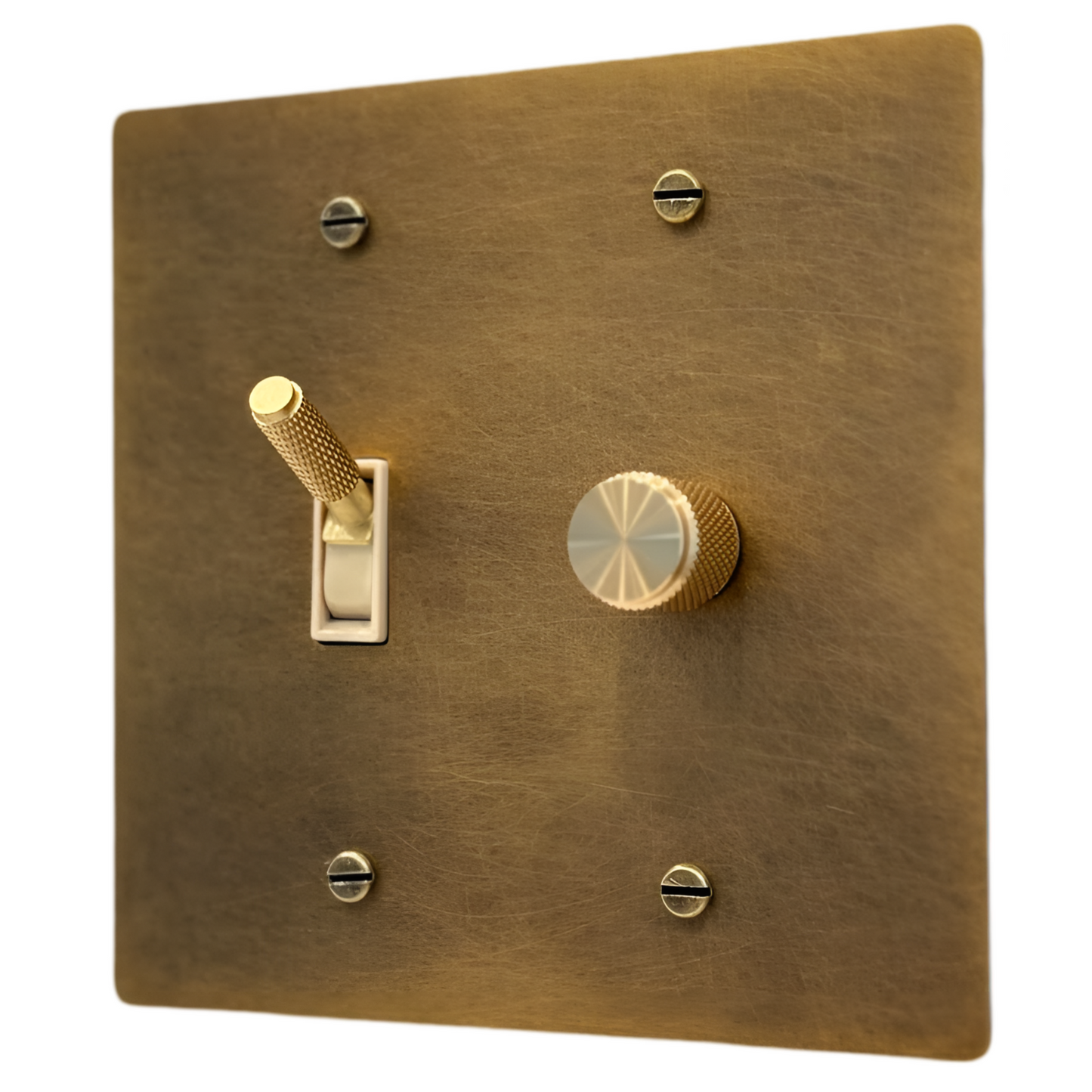 Brass Modern Toggle Light Switch + Rotary Dimmer Switch (2-Gang) Aged Patina Brass With Ivory Trim