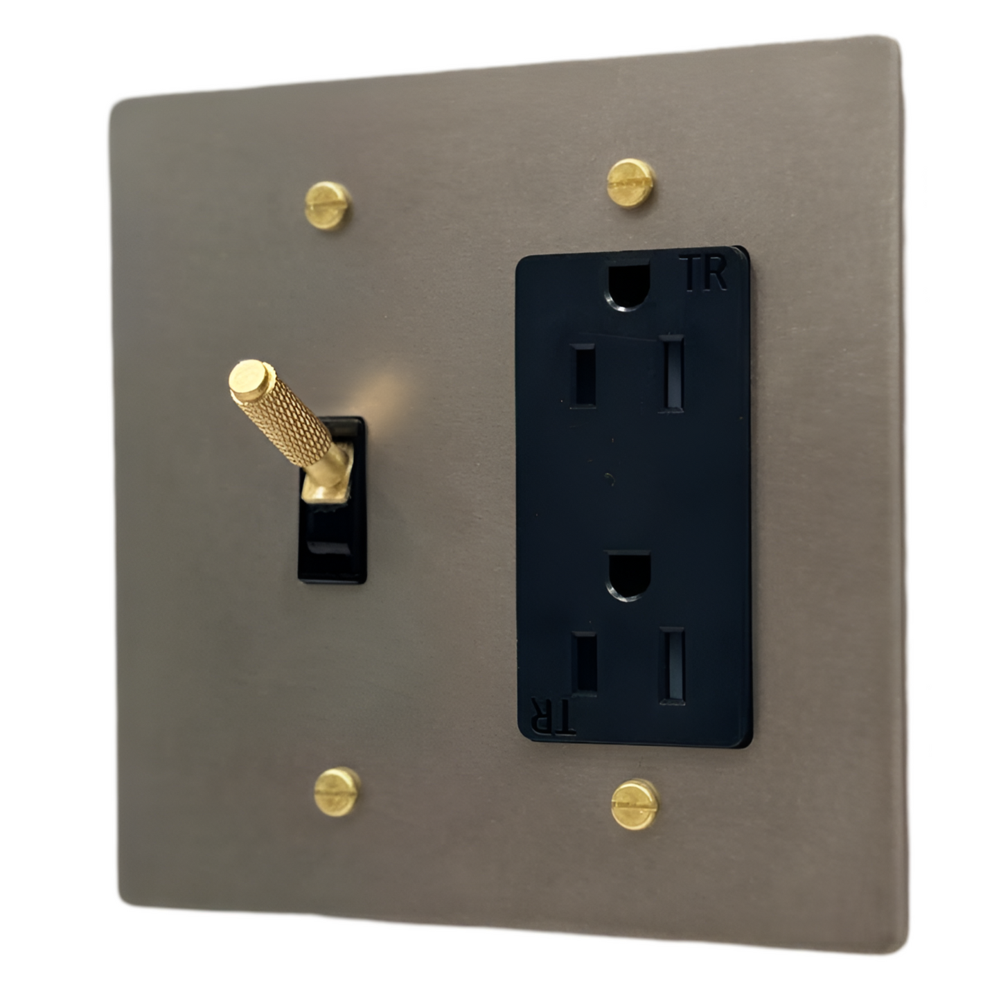 Brass Modern Toggle Light Switch + Outlet (2-Gang) Stainless Steel With Satin Brass