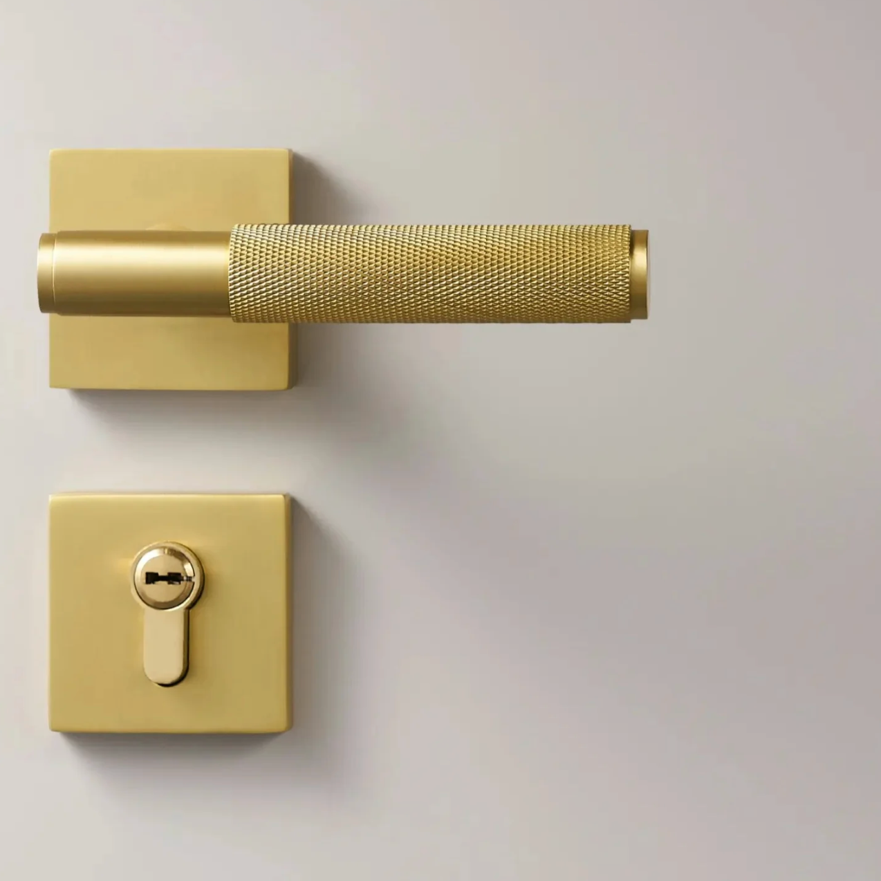 Satin Brass Cross Knurled Door Lever Handle With Square Shaped Rose