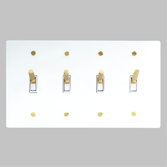 Brass Modern Toggle Light Switch (4-Gang) White With Satin Brass