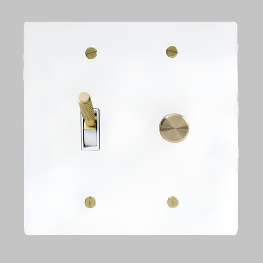 White With Brass Modern Knurled Toggle + Dimmer Light Switch Wall Plate (2-Gang)