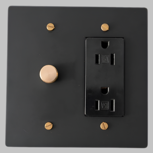 Matte Black With Brass Modern Knurled Dimmer Light Switch + Outlet (2-Gang)