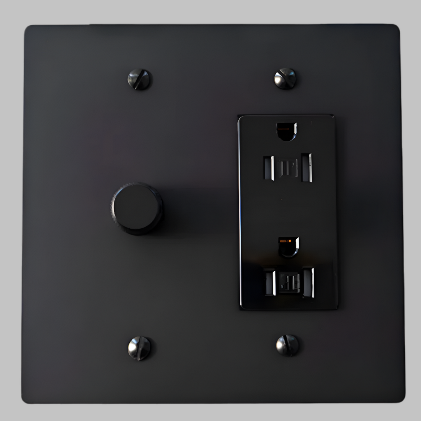 Matte Black Brass Modern Knurled Dimmer Light Switch + Outlet (2-Gang)