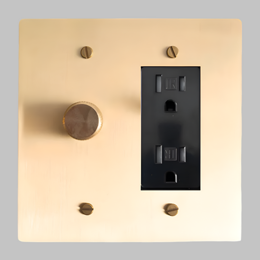 Satin Brass Modern Knurled Dimmer Light Switch + Outlet (2-Gang)