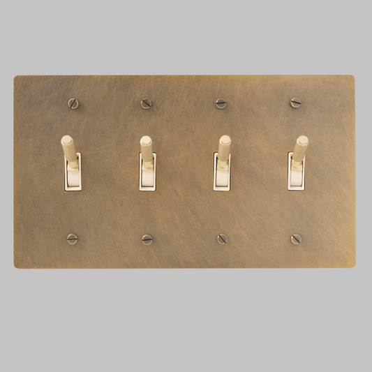 Aged Patina Brass With Ivory Modern Knurled Toggle Light Switch Wall Plate (4-Gang)