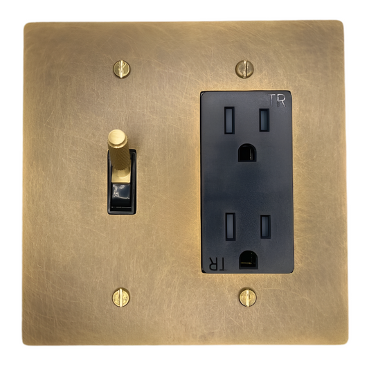 Brass Modern Toggle Light Switch + Outlet (2-Gang) Aged Patina Brass