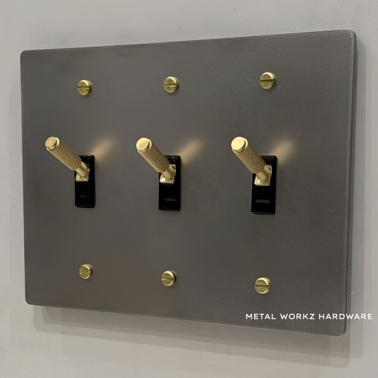 Brass Modern Toggle Light Switch (3-Gang) Stainless Steel With Satin Brass