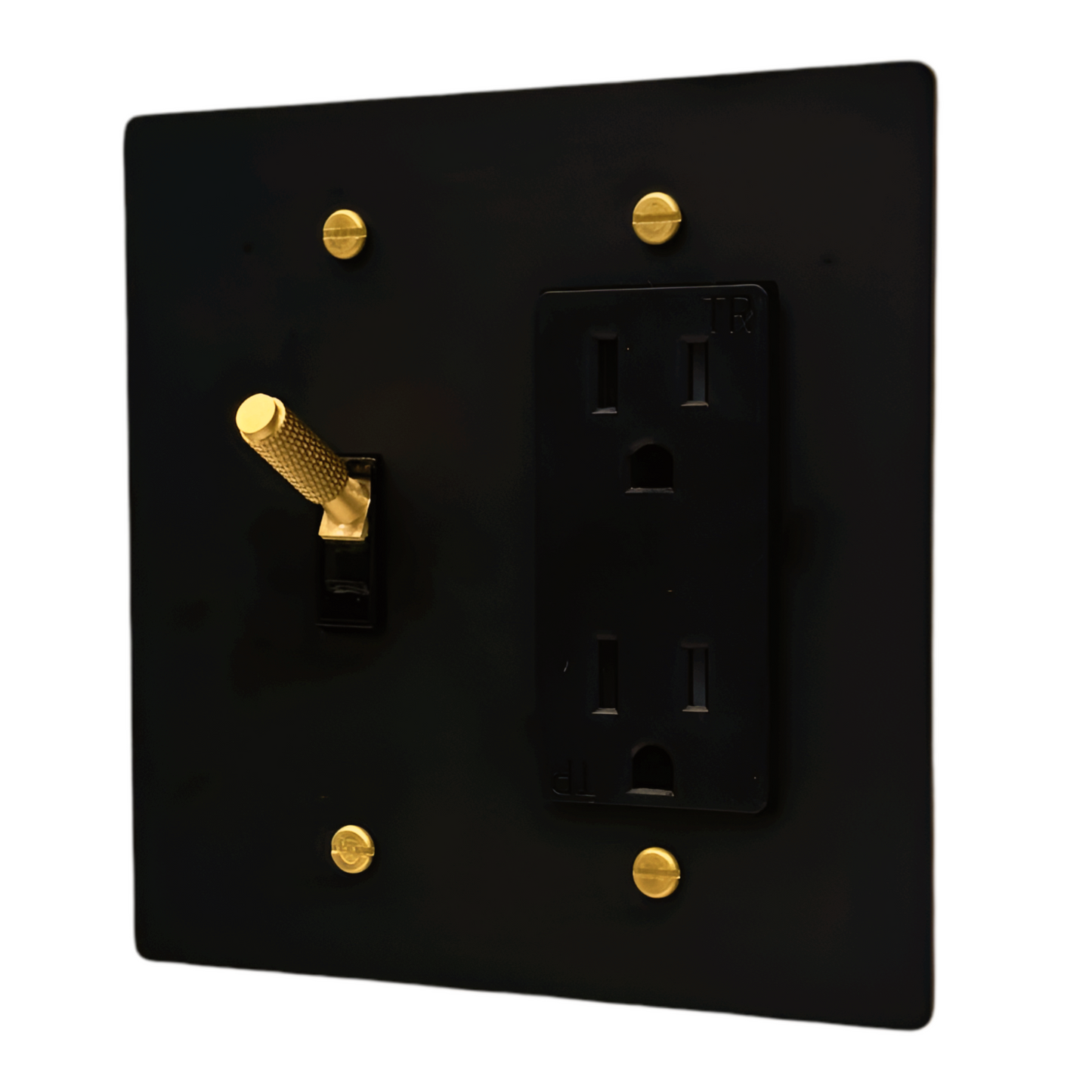 Brass Modern Toggle Light Switch + Outlet (2-Gang) Matte Black With Satin Brass