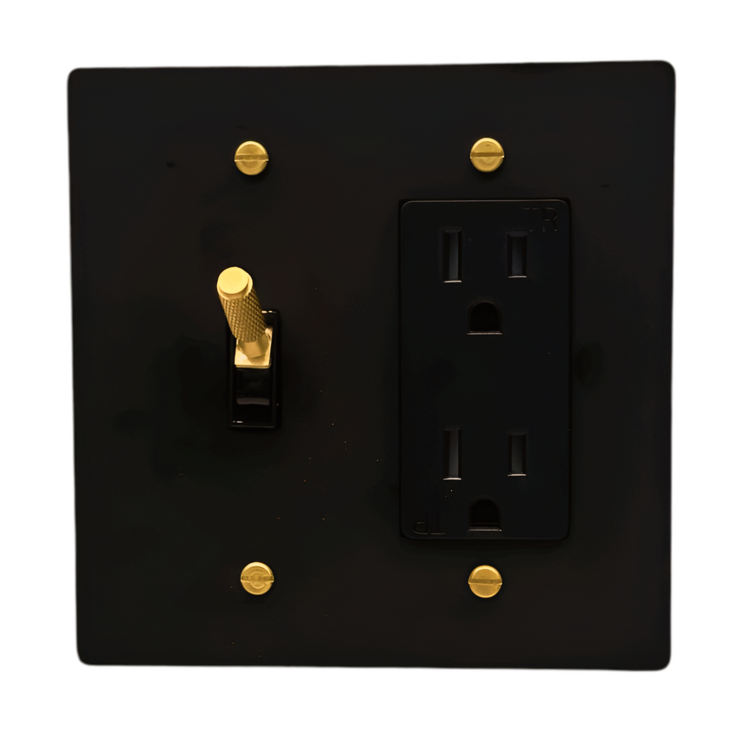 Brass Modern Toggle Light Switch + Outlet (2-Gang) Matte Black With Satin Brass