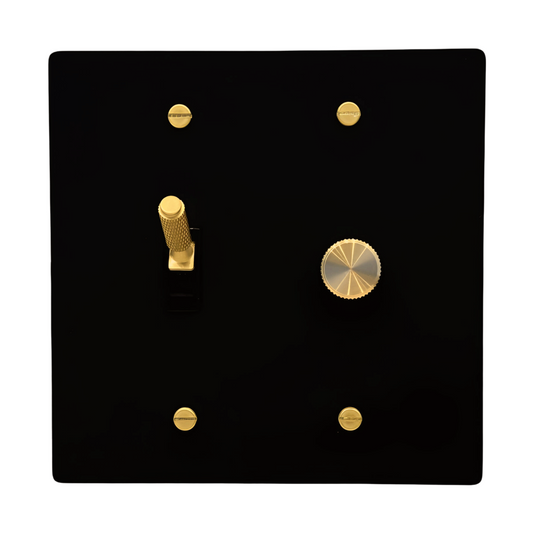 Brass Modern Toggle Light Switch + Rotary Dimmer Switch (2-Gang) Matte Black With Satin Brass