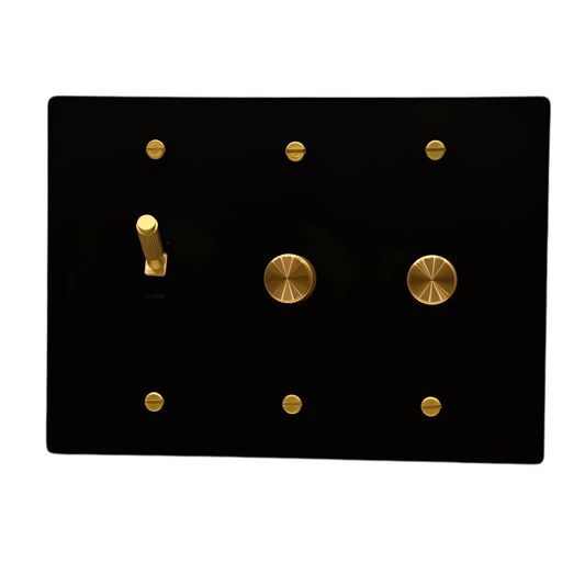 Brass Modern Rotary Dimmer Switch + Toggle Light Switch (3-Gang) Matte Black With Satin Brass