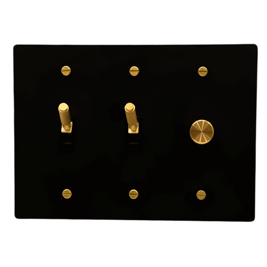 Brass Modern Toggle Light Switch + Rotary Dimmer Switch (3-Gang) Matte Black With Satin Brass