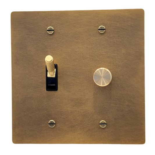 Brass Modern Toggle Light Switch + Rotary Dimmer Switch (2-Gang) Aged Patina Brass