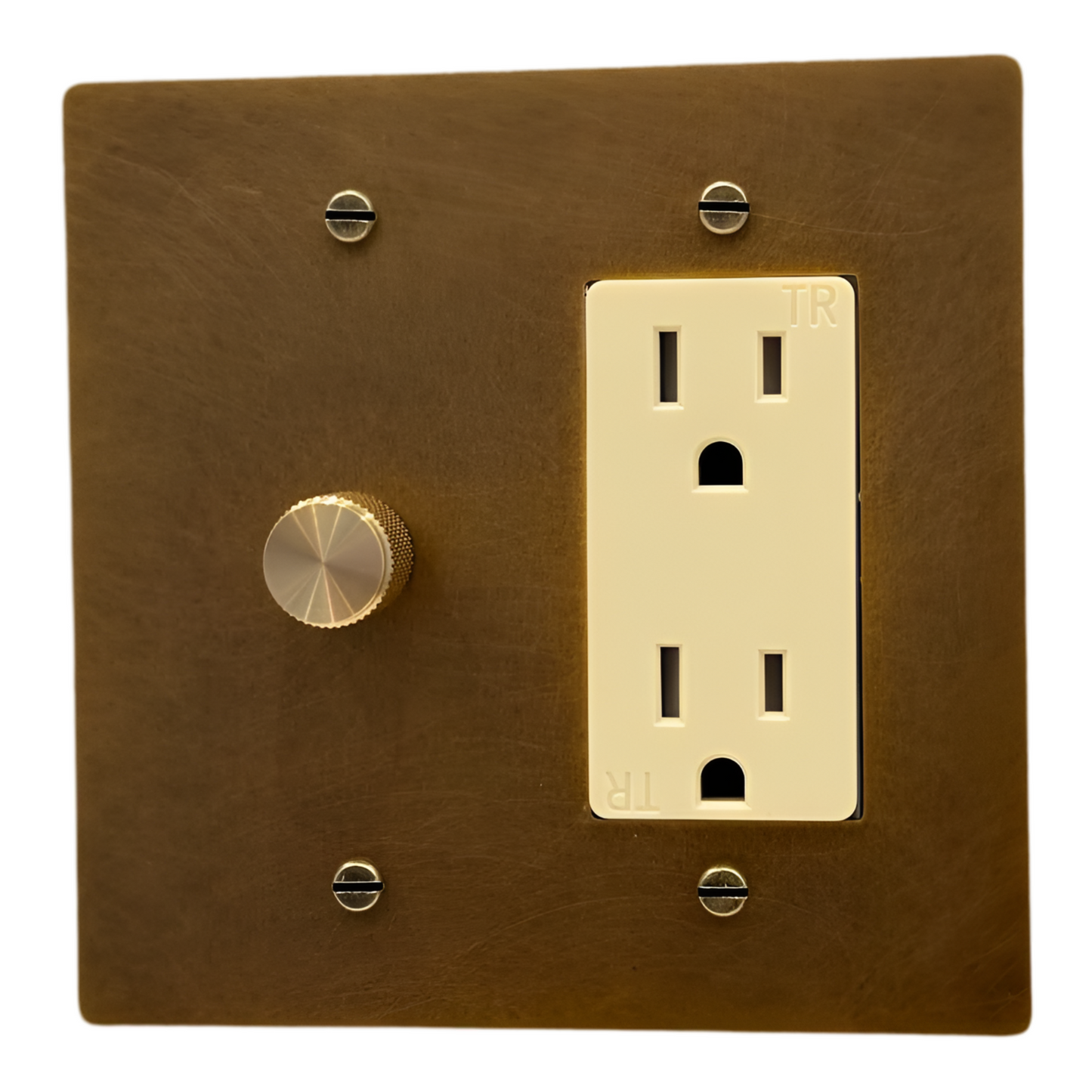 Brass Rotary Dimmer Switch + Outlet (2-Gang) Aged Patina Brass With Ivory