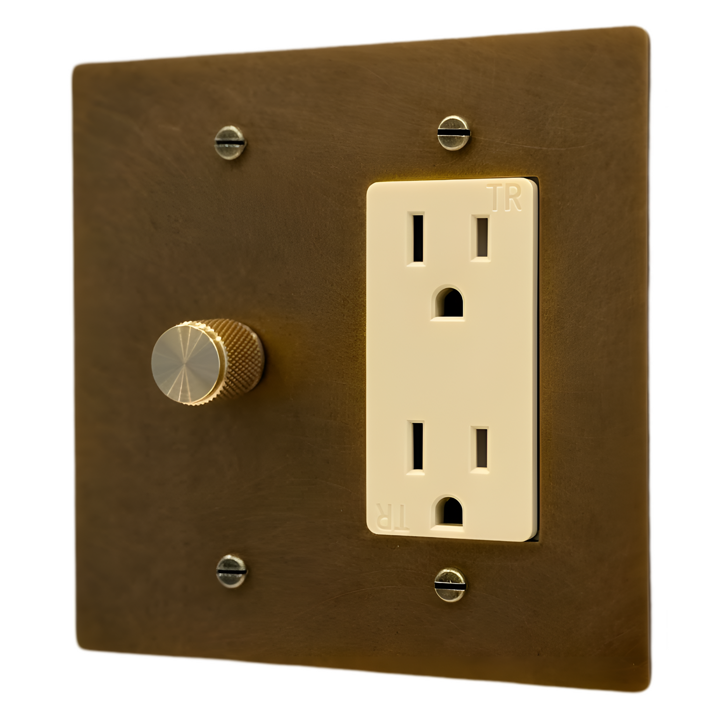 Brass Rotary Dimmer Switch + Outlet (2-Gang) Aged Patina Brass With Ivory