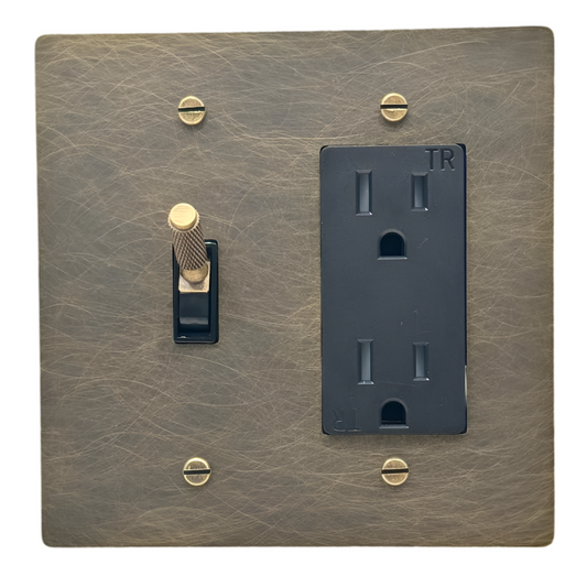 Brass Modern Toggle Light Switch + Outlet (2-Gang) Antique Brass