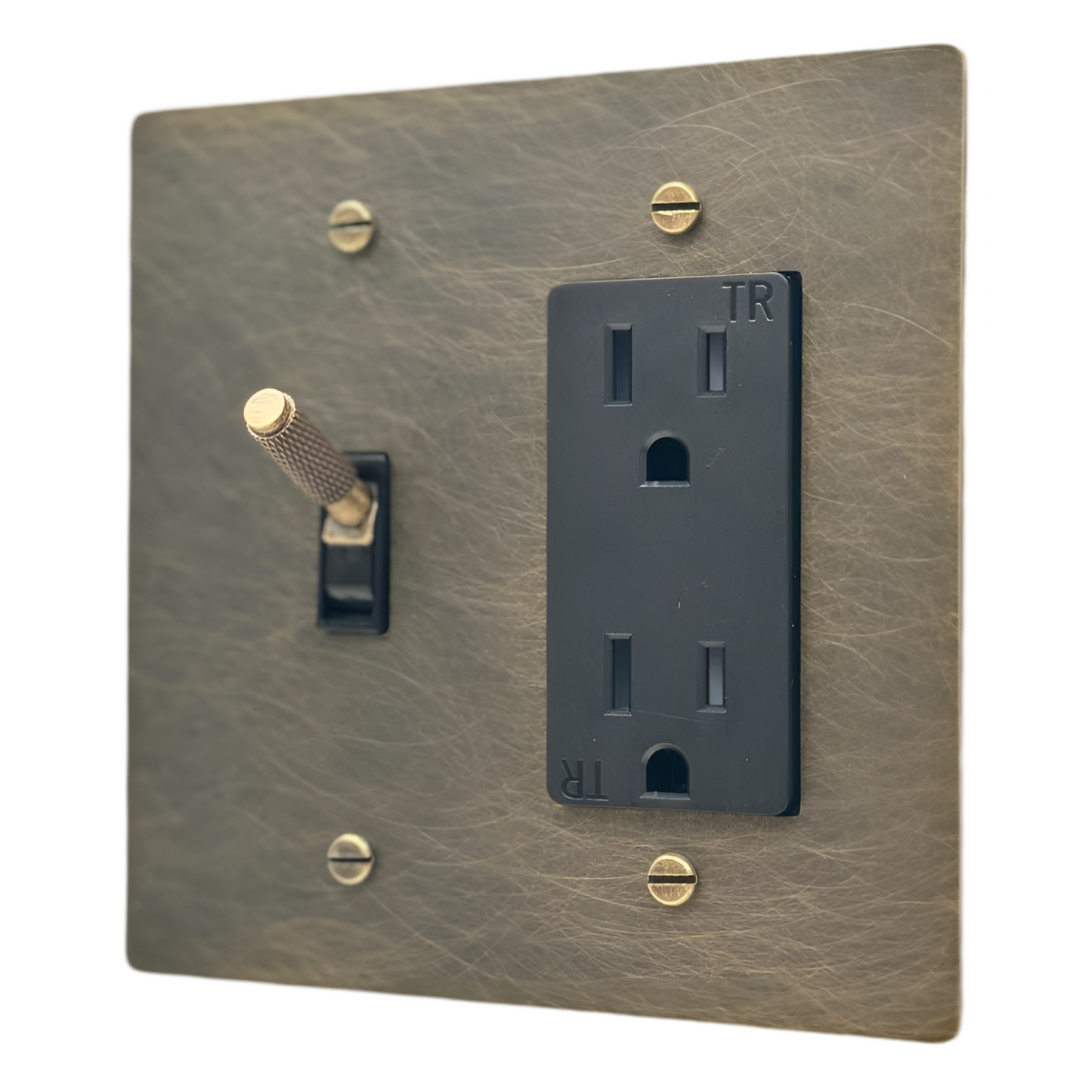 Brass Modern Toggle Light Switch + Outlet (2-Gang) Antique Brass