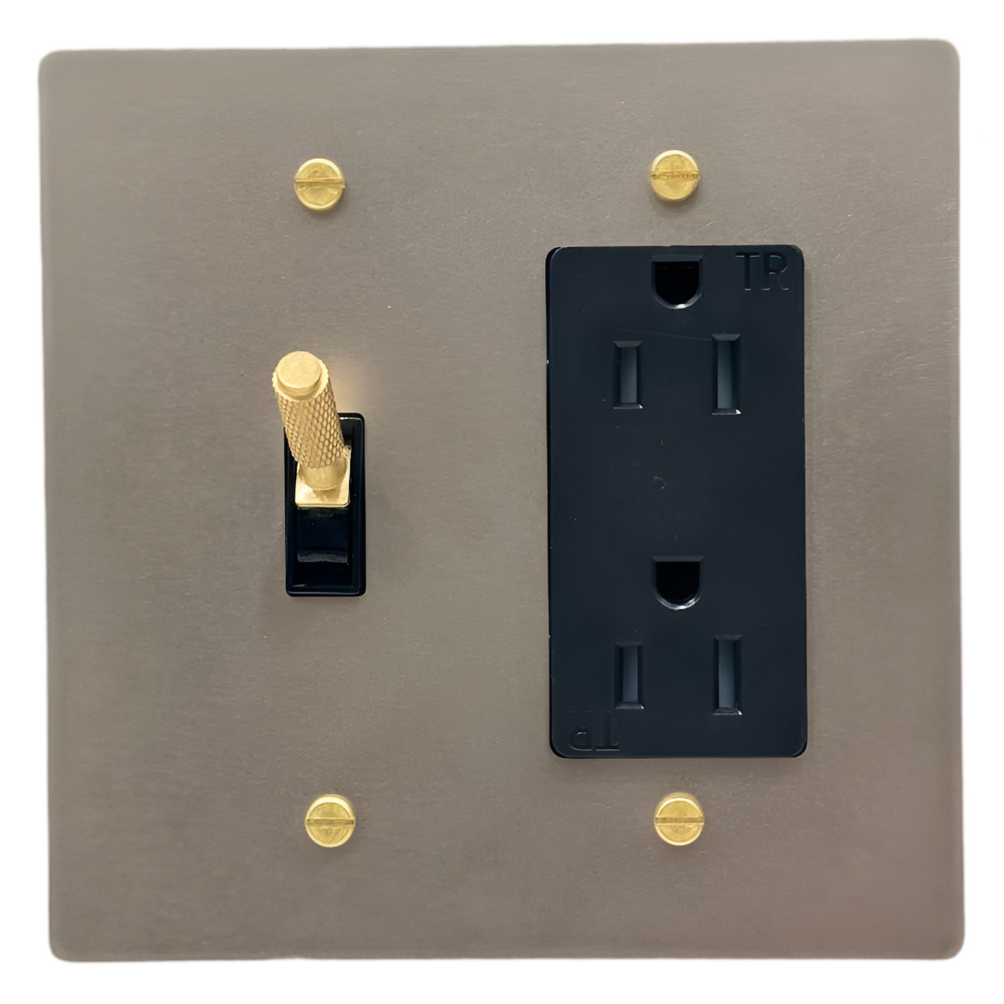 Brass Modern Toggle Light Switch + Outlet (2-Gang) Stainless Steel With Satin Brass