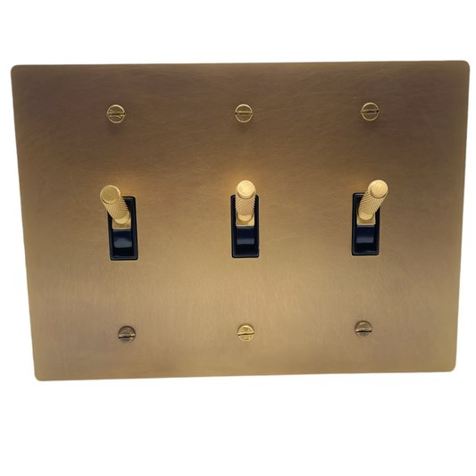 Brass Modern Toggle Light Switch (3-Gang) Aged Patina Satin Brass