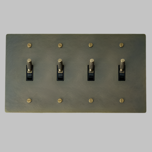 Antique Brass Modern Knurled Toggle Light Switch Wall Plate (4-Gang)